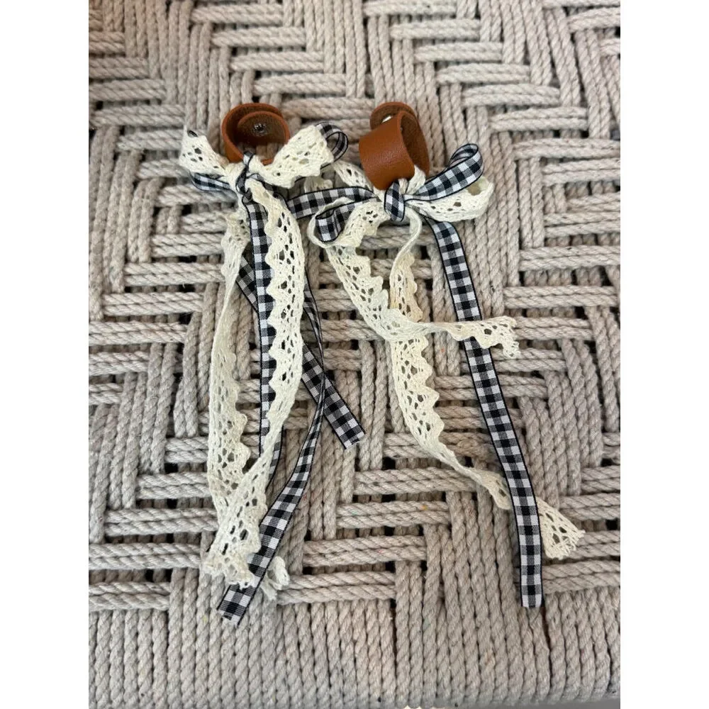 Leighton & Lace Boot Bow Clips White Black Gingham NWT